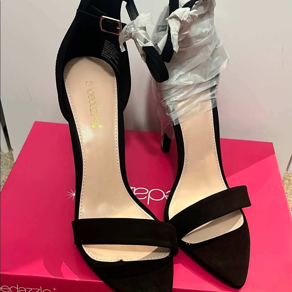 Shoe Dazzle Saint Like Black Stiletto Heels with Crystal Accents and Ankle Strap
